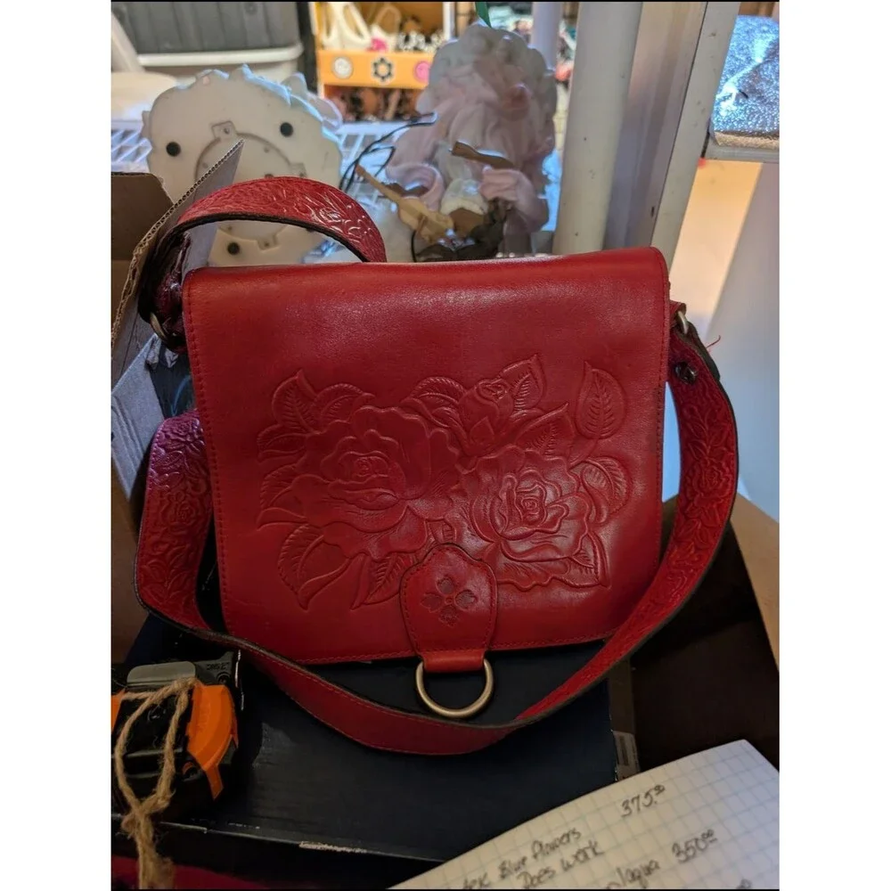 AT-1 Red Floral Embossed Leather Satchel - Classic Women's Crossbody
